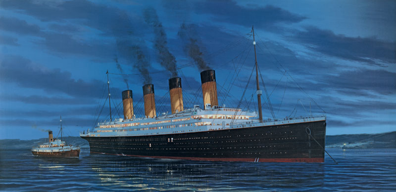 Greetings-Cards-DUSK-CHERBOURG-HARBOUR Titanic art. Titanic, dusk, Cherbourg Harbour
